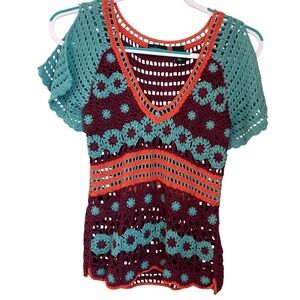 Vintage Y2k Moda International Open Crochet Knit Top Size S Boho Festival